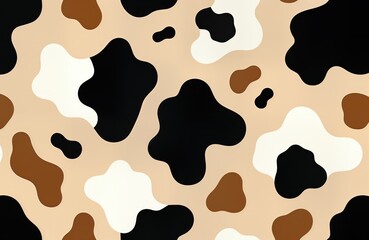 Abstract cow print pattern. Irregular shapes in beige. Brown, black spots create stylized cow hide pattern. Organic, natural texture for textile, wallpaper, fashion design. Minimalist, clean