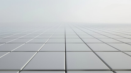 smooth, reflective surface of tiles extends into distance, creating serene and minimalistic atmosphere. light fog adds sense of depth and tranquility