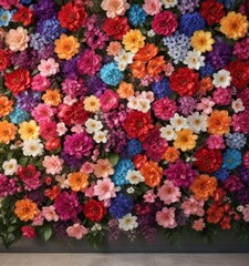 Colorful artificial flowers wall with soft light,  ornamental wall,  decorative panel