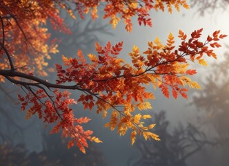 A colorful autumn branch with vibrant leaves and branches , autumn, branch