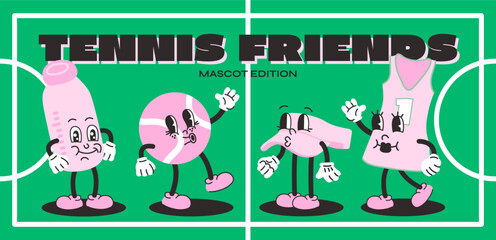 Tennis mascots cartoon poster. Playful tennis equipment characters: ball, racket, bottle, and jersey with expressive faces and gloved hands. Comic sporty friends in doodle retro style, vibrant green b