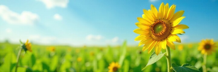 Fototapeta premium A single large sunflower in a field of green grass, illustrations, fields, nature