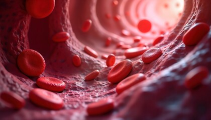 Medical illustration shows red blood cells flowing through blood vessels. Close-up view detailed structure. Blood cell movement highlights health issue analysis. Generative AI created image for
