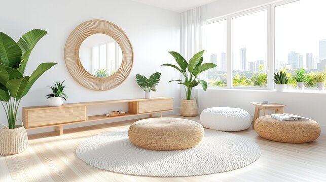 Modern minimalist living room, bright sunlight, city view, peaceful atmosphere, home decor