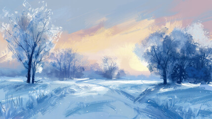 Obraz premium serene winter landscape featuring snow covered trees and soft sunset glow. cool blue tones create tranquil atmosphere, perfect for evoking feelings of peace and solitude