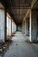 Obraz premium Abandoned concrete structure with exposed wiring and pipes, wiring, concrete, industrial