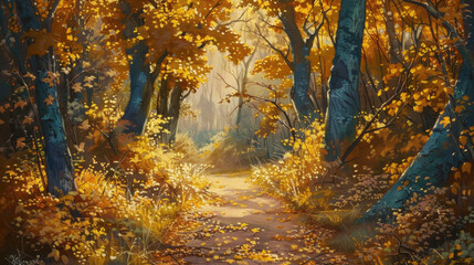 Obraz premium serene autumn forest path surrounded by vibrant orange and yellow leaves, illuminated by soft sunlight filtering through trees, creating peaceful atmosphere