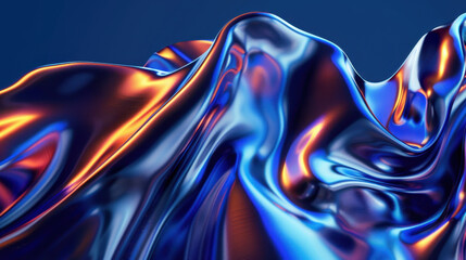 Obraz premium Abstract metallic waves with vibrant blue and orange reflections create dynamic visual effect, showcasing fluidity and modern design