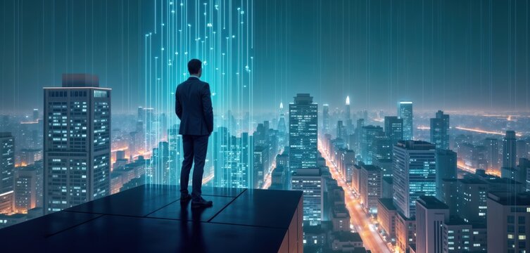 Businessman stands on rooftop overlooking illuminated city at night. Digital lines connect to sky creating futuristic urban scene. Leader watches over city. Innovative modern tech visualized.