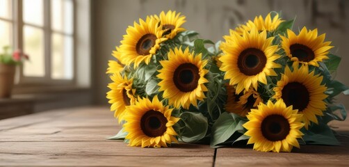 Obraz premium bouquet of sunflowers on a wooden table with soft focus and natural light, garden decor, sunflowers, natural light