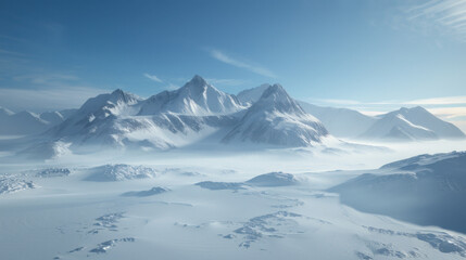 Majestic snow covered mountains under clear blue sky, surrounded by serene winter landscape. scene evokes sense of tranquility and vastness