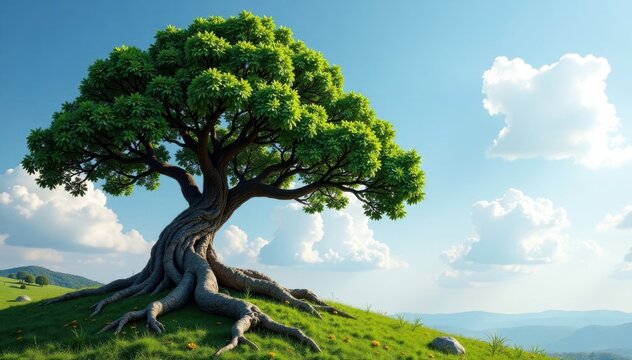 Ancient tree with twisted roots, gnarled, wooden, root