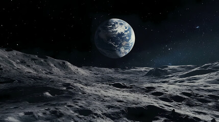 A photo of the earth rising above the lunar horizon, captured from the surface of the moon, with stunning detail. Lunar Horizon. Illustration