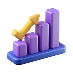 3D Bar Chart with arrow rising icon on isolated purple background. Soaring finances, strengthening currency concept. Minimal Data analysis bar pie graph growth up with an arrow rising icon. 3d render