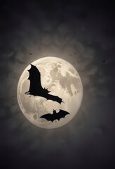 Dark silhouette of a bat in flight against a full moon background, halloween bats,  mystical atmosphere