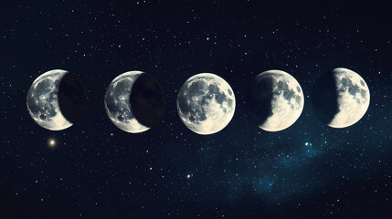 Naklejka premium A sequence of moon phases captured in a night sky, showcasing lunar transitions. Lunar Horizon. Illustration