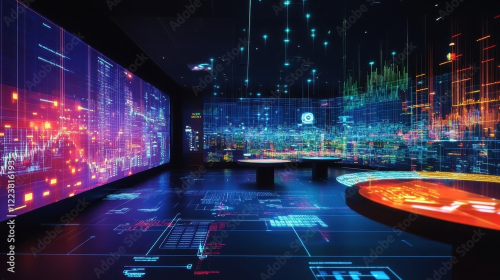 Aufkleber futuristic command center displaying complex data visualizations and information on multiple screens