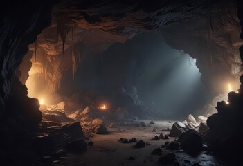 Fototapeta premium Darkened cave with glowing eyes, eerie atmosphere, flying animals, halloween bats