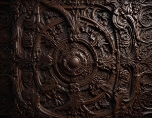 Obraz premium Dark wood background with intricate carvings and ornate patterns, texture, woodcarving