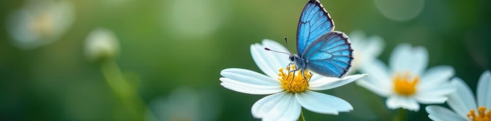 Delicate blue butterfly on white flower petals,  nature,  art