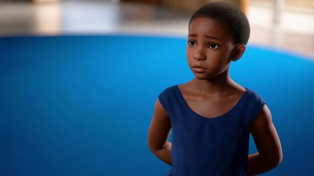 Dont know, who cares. Confused lovely beautiful African American girl shrugging shoulders, looking with uncertain clueless expression, demonstrating indifference doubts. Indoor studio blue background