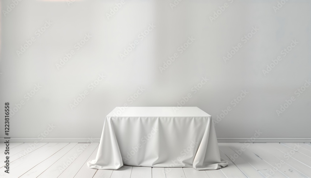 Poster Empty white table covered with white tablecloth in minimalist setting. Simple clean design for interior. Modern elegant style. Blank background with light neutral colors. Suitable for products as