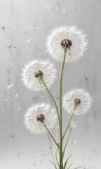 Obraz premium Delicate dandelion seeds float gently in air after being blown on white background, nature, isolation