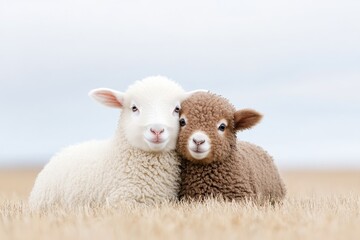 Fototapeta premium Two adorable lambs, one white and one brown, snuggling in a grassy field under a soft sky