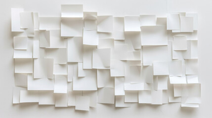 Blank white paper squares arranged in collage on wall, creating textured and modern design. This artistic display can inspire creativity and organization