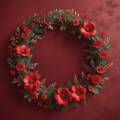 Fototapeta premium Holiday red floral wreath with flourishes and vector brush calligraphy, Christmas Decorations, Floral Wreaths