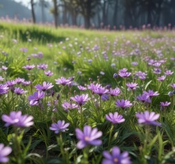 Fototapeta premium Delicate purple flowers blooming in a lush meadow, nature, purple