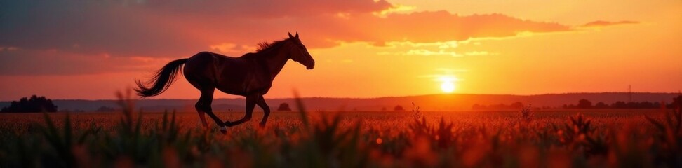 Obraz premium Horse running alone at dusk, farm, horse, night scene