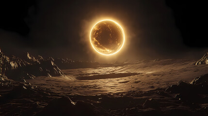 Earth from the far side of the moon, with the sun creating a glowing silhouette around the lunar horizon. Lunar Horizon. Illustration