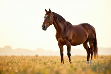 Fototapeta premium Horse standing alone in a field on white background , animals, isolation