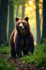 Obraz premium Brown Bear standing alone in the forest, landscape, northern lands