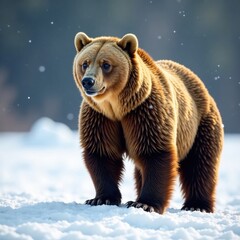 Obraz premium Brown bear standing on snow , forest, brown bear, northern land