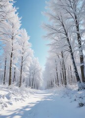 Obraz premium Dense forest of snow-covered trees against a pale blue sky , forest, frozen