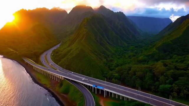 Scenic route on Oahu Hawaii island at golden sunrise. Interstate H3 passing through majestic green Koolau Mountains with Trans-Koolau twin tunnels. Aerial along highway with epic nature landscape view