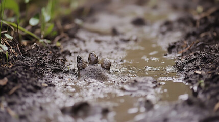 Close-up of a muddy paw print in a puddle, surrounded by wet soil and greenery, indicating wildlife