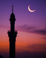 Minaret Silhouette Against Purple Dusk Sky