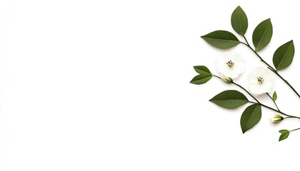Obraz premium Elegant arrangement of white flowers and green leaves on a minimalistic white background