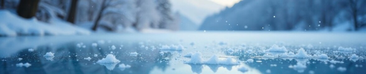 Obraz premium Snowflakes gently falling on frozen lake's surface, winter, frozen