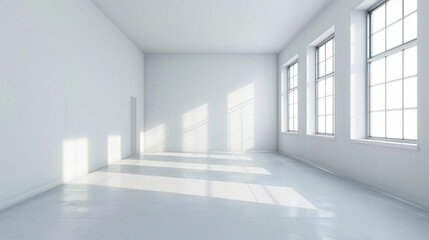 bright, empty room with large windows allowing natural light to illuminate white walls and floor, creating serene and spacious atmosphere