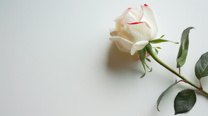 delicate white rose with red tips rests on smooth surface, symbolizing beauty and elegance. soft petals and green leaves create serene atmosphere