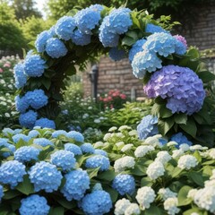 Floral wreath surrounding large blooming hydrangea with garden flowers,  plants,  petals