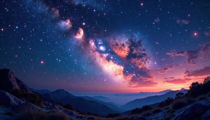 Naklejka premium Cosmic Milky Way panorama with stars, stardust and planets, universe, astronomy, cosmos