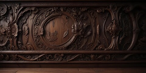 Dark wood background with intricate carvings and mysterious ambiance,  dimly lit,  ambiance,  carvings