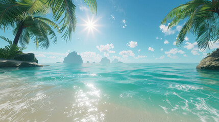Fototapeta premium serene tropical beach scene with clear turquoise water, palm trees, and distant rocky islands under bright sun. tranquil atmosphere invites relaxation and escape