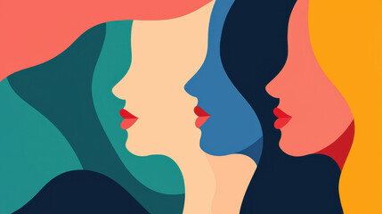 Abstract illustration featuring three women"s profile silhouettes with vibrant colors and flowing shapes, representing diversity and femininity.