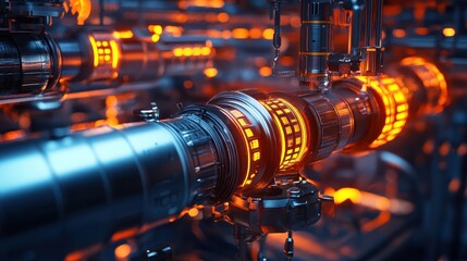 Fototapeta premium Futuristic Industrial Machinery Glowing Orange